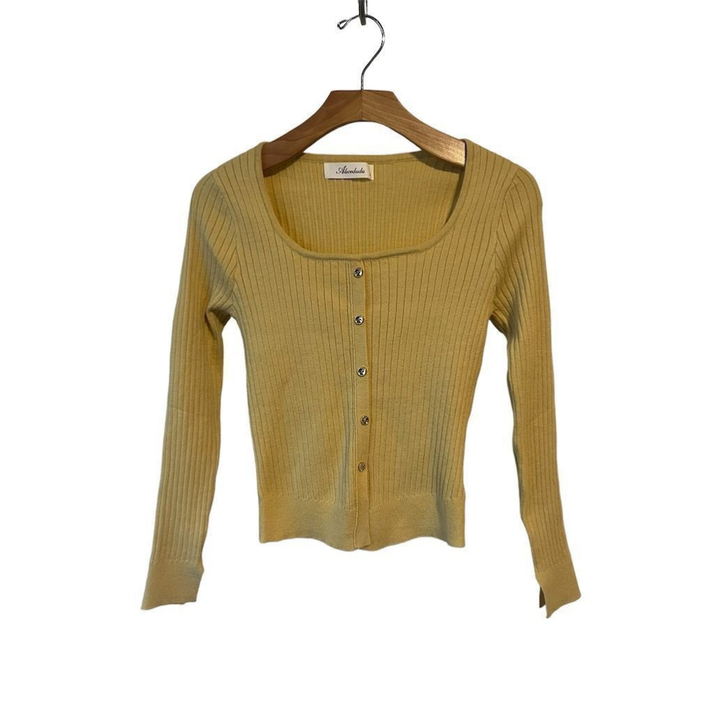 Alicedudu Yellow Ribbed Button Up Sweater Women's Medium